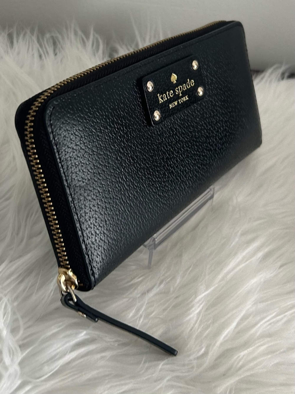 Kate Spade Black Leather Zip Around Continental Wallet Gold Logo - Picture 4 of 12